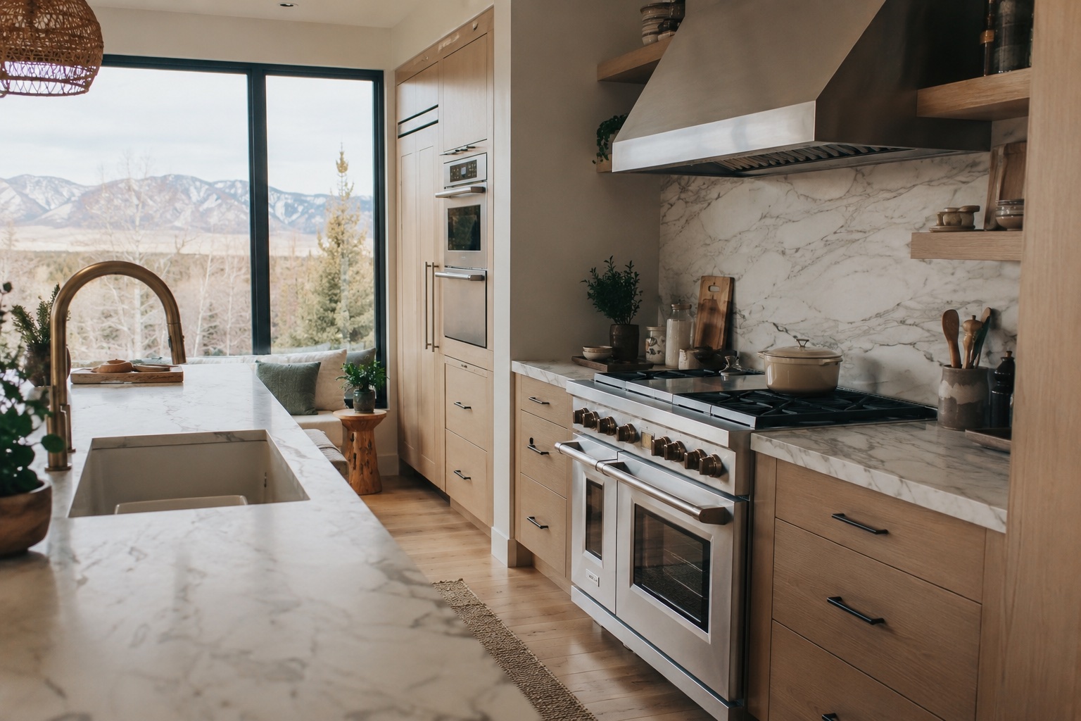 Modern high-rise kitchen with induction cooktop overlooking the Denver skyline