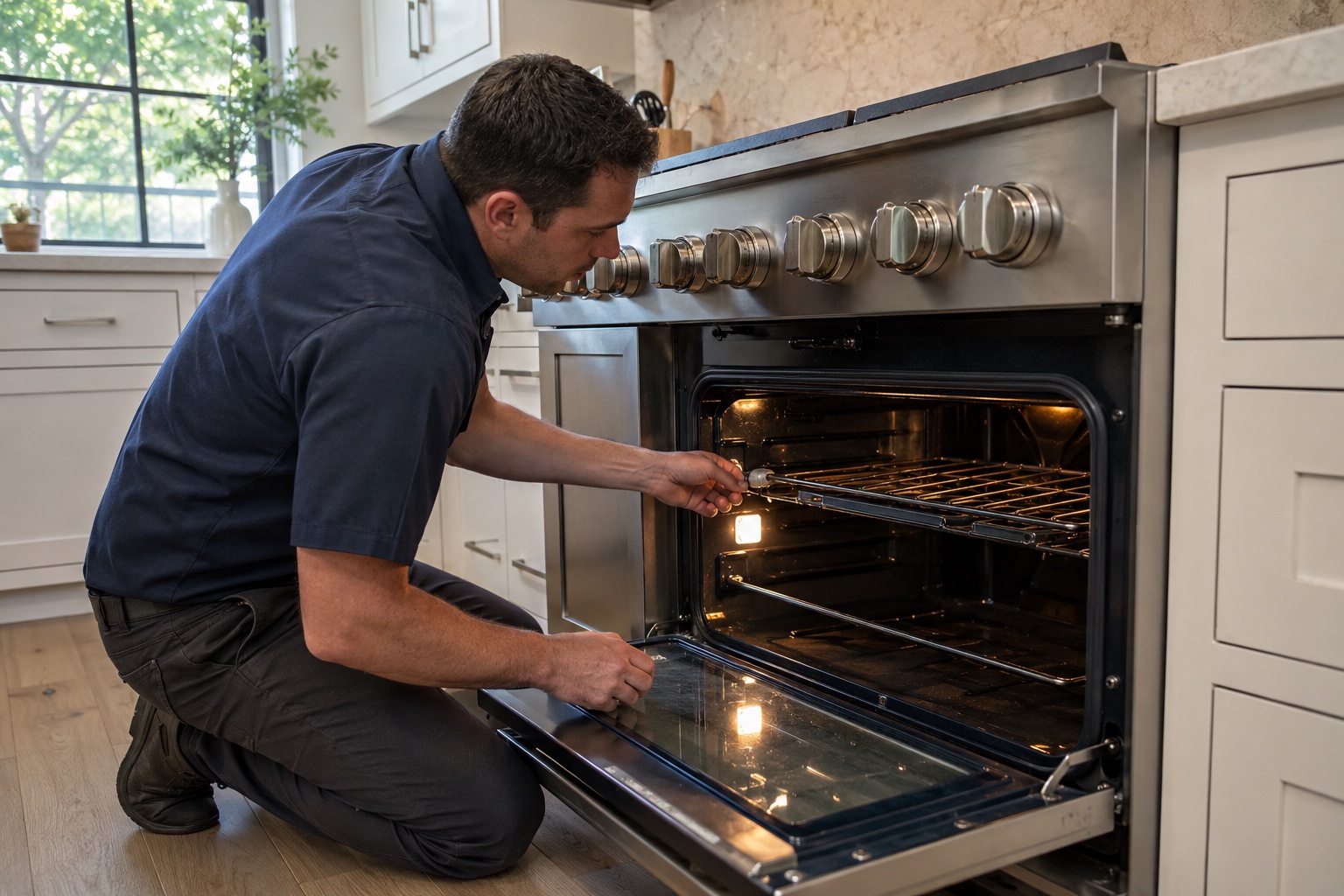 Technician servicing the sealed brass burners on a professional gas range