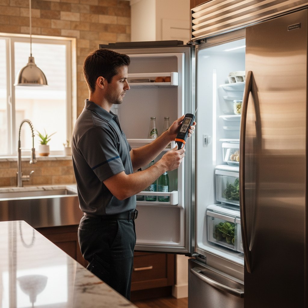 Technician diagnosing ice maker issue